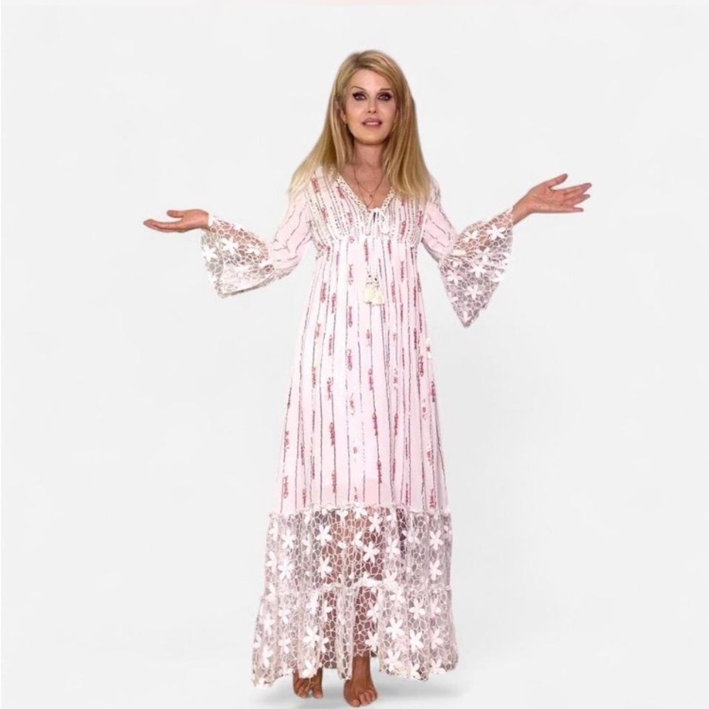 Siya Women's White/Pink Goddess Dress Angel Sleeve Lace Mirrors and Embroidery